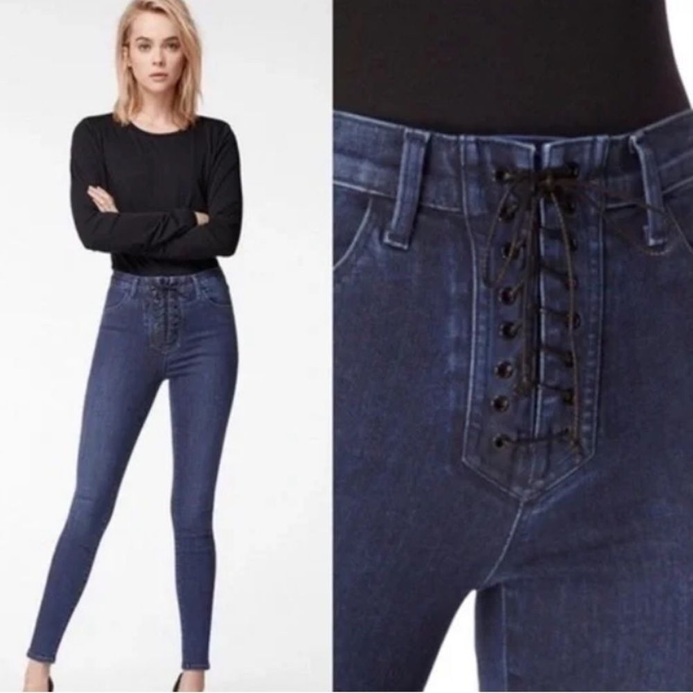 J Brand x Steph Shep Tie Up Indigo Denim High Rise Skinny Jeans